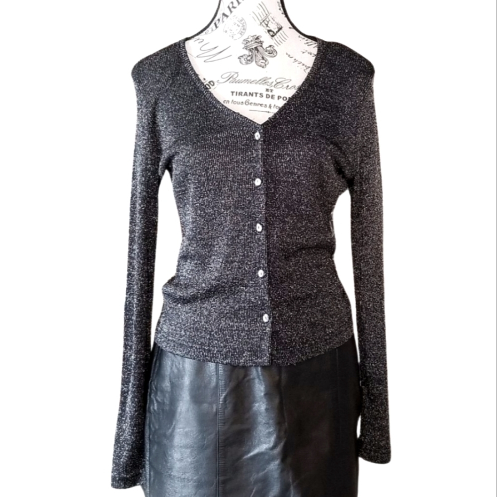 🇨🇦 90s Black Lurex Cardigan — Minimal Goth Metallic Knit